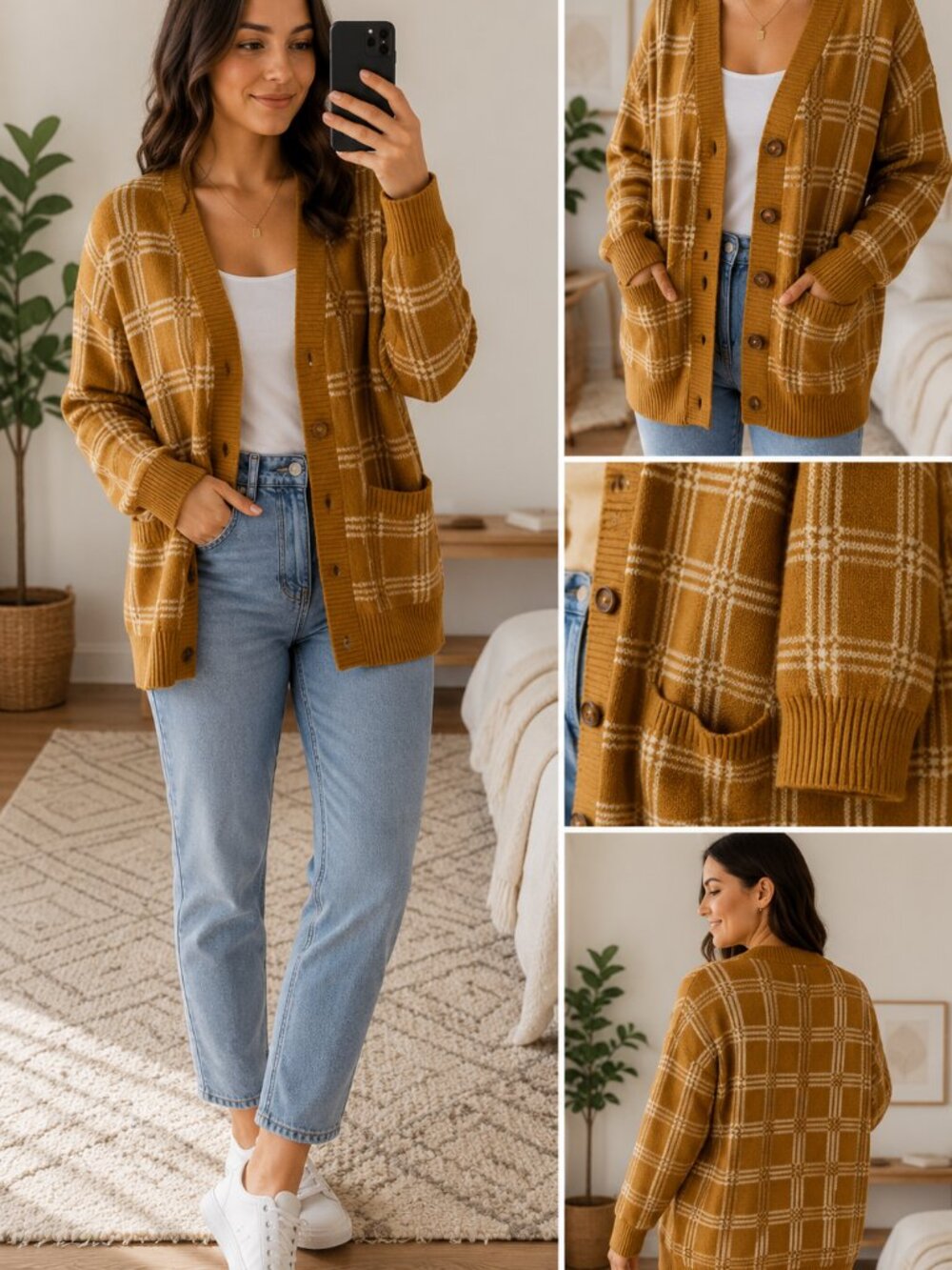 LOFT Mustard Plaid Open Cardigan